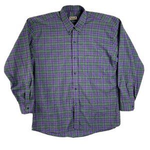 Vintage Paul Mitchell Button Down Plaid Shirt Men's Size XL Cotton Purple Green